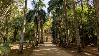 Caminho arborizado ladeado por altas palmeiras e vegetação densa, levando ao portão histórico do Jardim Botânico do Rio de Janeiro sob luz suave do sol.