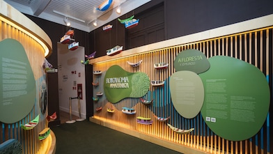 Espaço expositivo interno sobre a bioeconomia amazônica. As paredes exibem grandes painéis verdes com textos informativos e títulos como “Bioeconomia Amazônica” e “A Floresta e o Mundo”. Diversos barcos coloridos em miniatura estão suspensos no teto e fixados nas paredes, compondo a cenografia. A iluminação indireta em tons quentes destaca os painéis e os elementos decorativos, enquanto o corredor conduz os visitantes pela exposição.