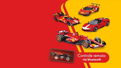 Peça de divulgação da promoção Lendas colecionáveis com quatro modelos de miniaturas exclusivas da Scuderia Ferrari HP