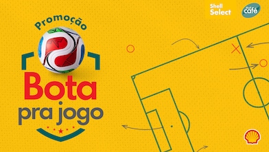 Peça da promoção Bota pra jogo, com texto com nome da promoção, desenho de um campo de futebol, logos de Shell Select e Shell Café e concha da Shell