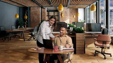 Pessoa em pé orienta um colega sentado enquanto ambos analisam um notebook sobre uma mesa em um escritório moderno, com iluminação quente, plantas e estações de trabalho ao fundo