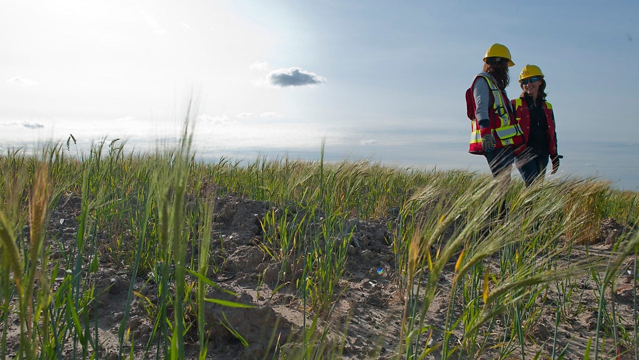 Duas engenheiras de Shell sorrindo num campo de capim verde