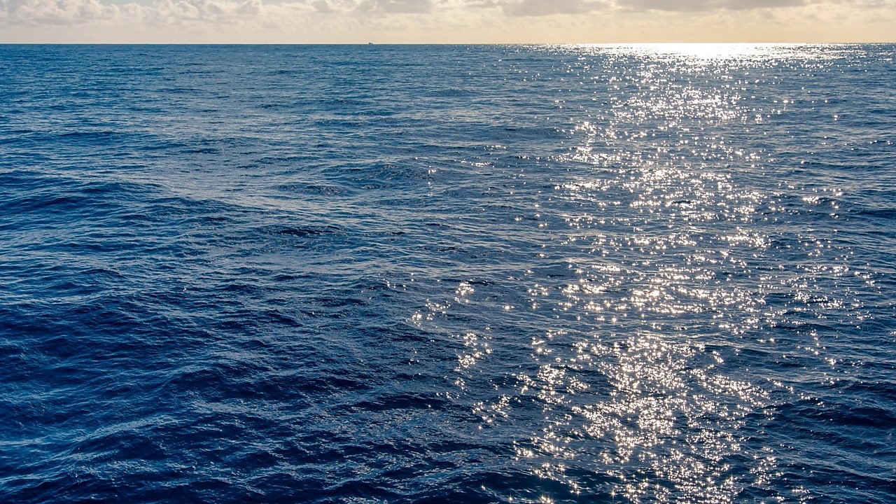 Superfície do oceano sob a luz do sol, com reflexos cintilantes na água azul profunda. O horizonte é visível ao fundo, com céu parcialmente nublado, transmitindo uma sensação de tranquilidade e vastidão.