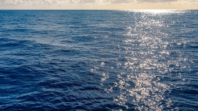 Superfície do oceano sob a luz do sol, com reflexos cintilantes na água azul profunda. O horizonte é visível ao fundo, com céu parcialmente nublado, transmitindo uma sensação de tranquilidade e vastidão.