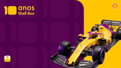 Texto Shell Box 10 anos aplicado sobre fundo roxo