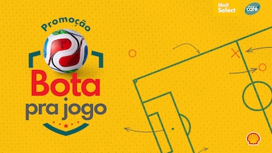 Peça da promoção Bota pra jogo, com texto com nome da promoção, desenho de um campo de futebol, logos de Shell Select e Shell Café e concha da Shell