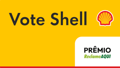 Texto Vote Shell, concha e logo Prêmio Reclame AQUI aplicados sobre fundo amarelo