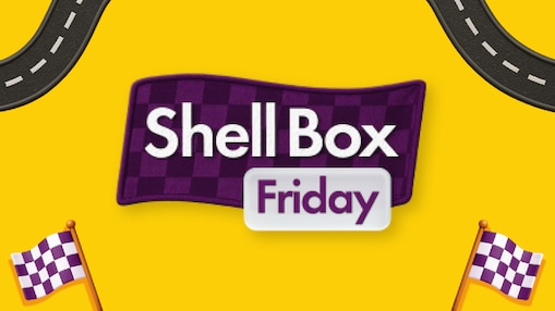 Texto Shell Box Friday aplicado sobre fundo amarelo com pista de corrida e bandeiras quadriculadas