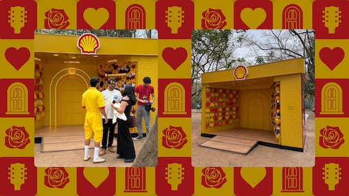 Fotos da ação aplicadas sobre fundo vermelho e amarelo com ilustrações de violão, rosa e coração