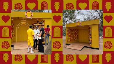 Fotos da ação aplicadas sobre fundo vermelho e amarelo com ilustrações de violão, rosa e coração