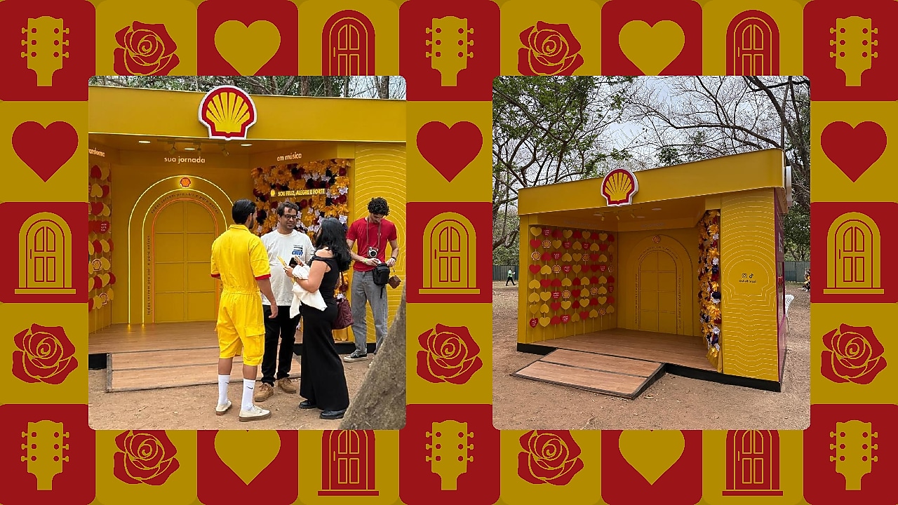 Ícones de violão, rosa, coração e porta aplicados sobre fundo amarelo e vermelho