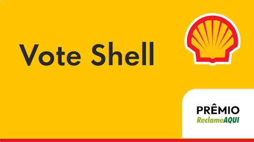 Texto Vote Shell, concha e logo Prêmio Reclame AQUI aplicados sobre fundo amarelo