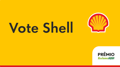 Texto Vote Shell, concha e logo Prêmio Reclame AQUI aplicados sobre fundo amarelo