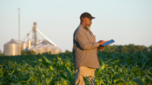 Homem usando um tablet em um campo de plantação com silos ao fundo