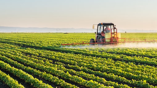 Campo de plantação com equipamento em uso