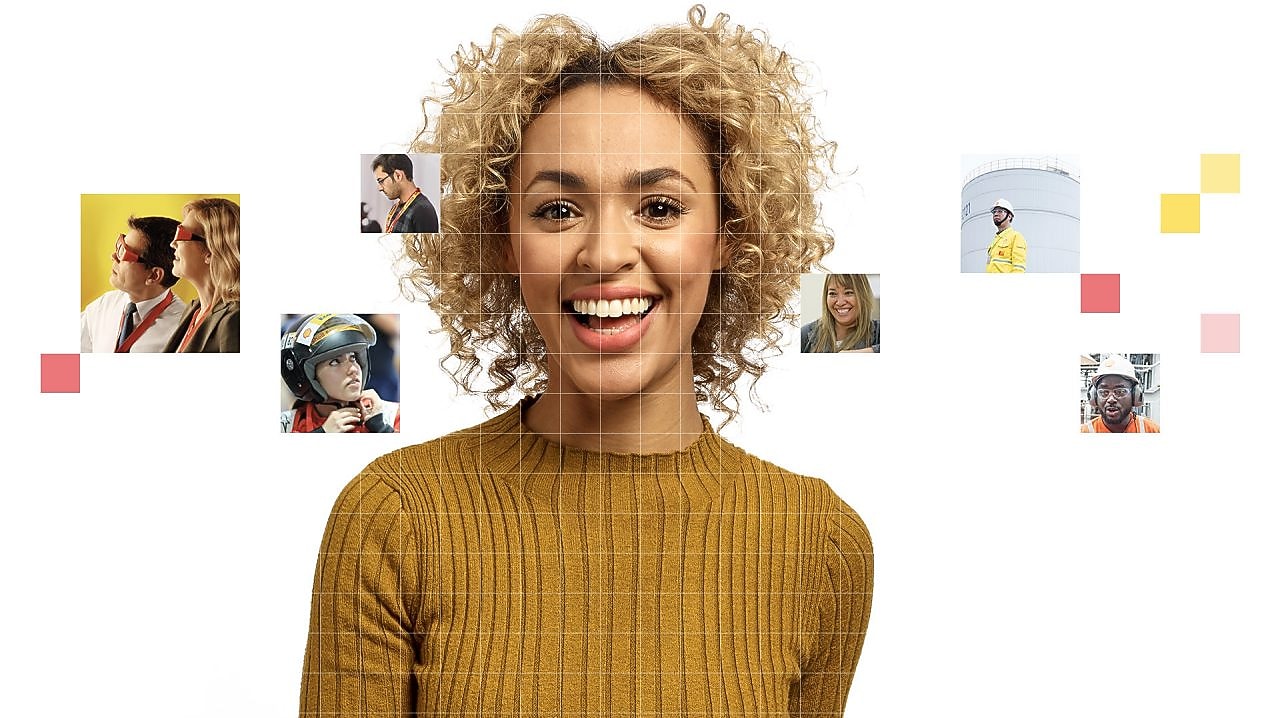 Female with short light brown curly hair wearing a mustard-coloured jumper, with a mosaic of images surrounding her.