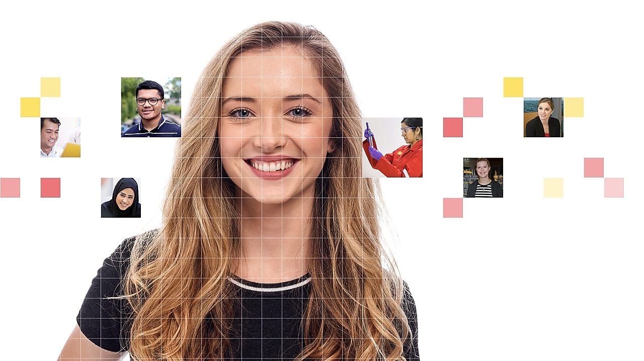 Young female with blonde wavy hair, with a mosaic of images surrounding her.