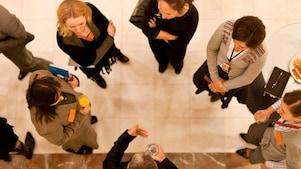 Aerial view of group of employees talking