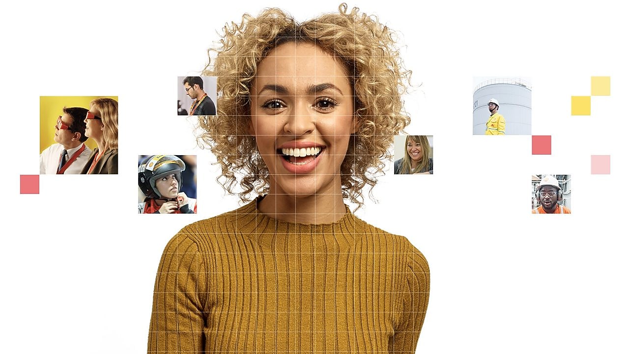 Female with short light brown curly hair wearing a mustard-coloured jumper, with a mosaic of images surrounding her.