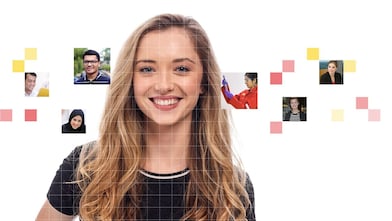 Young female with blonde wavy hair, with a mosaic of images surrounding her.