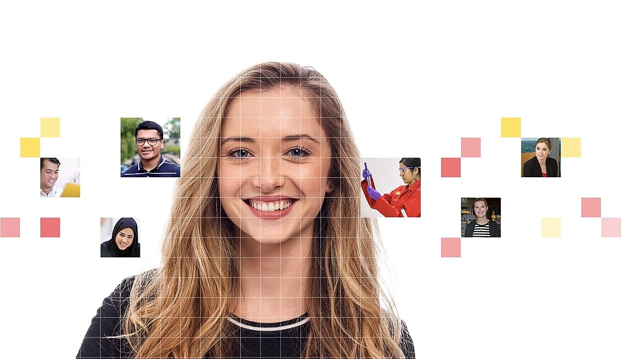 Young female with blonde wavy hair, with a mosaic of images surrounding her.