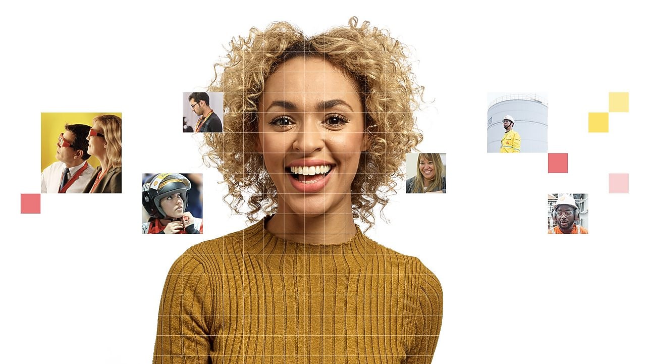 Female with short light brown curly hair wearing a mustard-coloured jumper, with a mosaic of images surrounding her.
