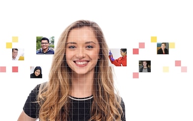 Young female with blonde wavy hair, with a mosaic of images surrounding her.
