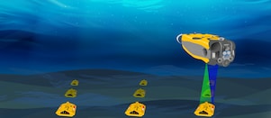 Ilustração subaquática de um OD (Offshore Drone) – veículo autônomo amarelo utilizado em operações submarinas – sobrevoando o fundo do mar e escaneando com feixes de luz azul e verde. Abaixo, há uma fileira de OBNs (Ocean Bottom Nodes), dispositivos também amarelos posicionados no leito marinho para aquisição de dados sísmicos. A cena representa uma operação de levantamento geofísico offshore, com o OD inspecionando ou coletando dados dos OBNs, sob a iluminação difusa da luz solar penetrando pela superfície da água.