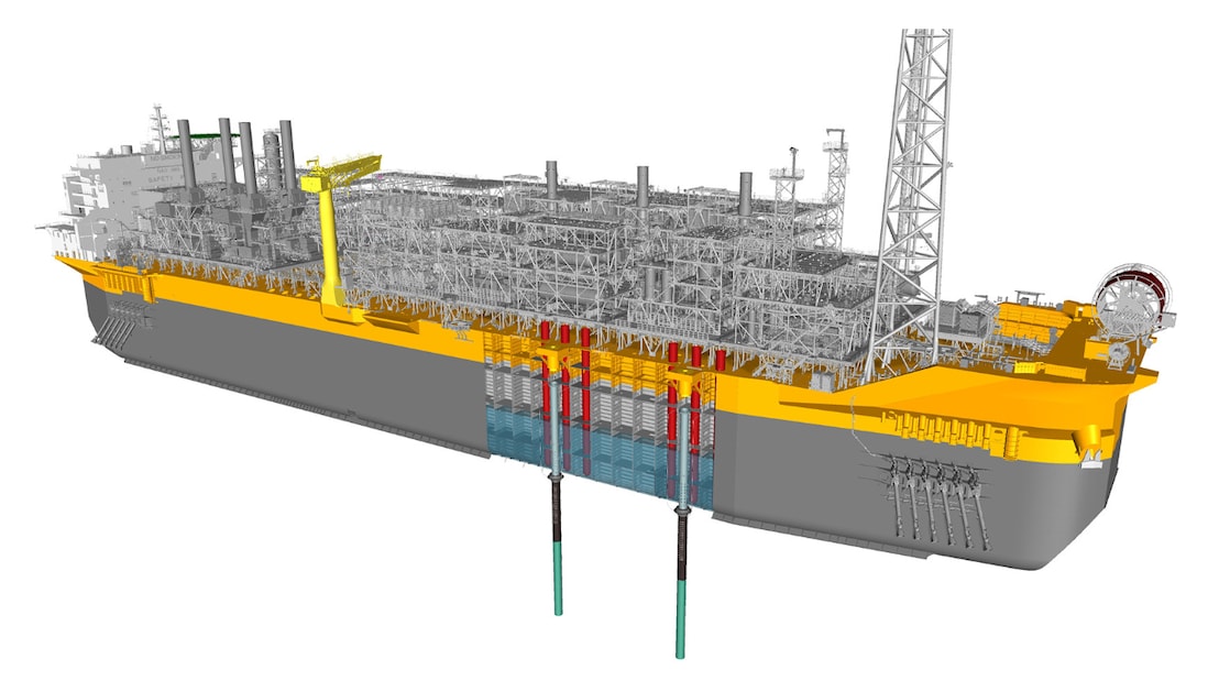 Modelo digital de uma unidade FPSO destacando a integração do sistema SWIR, com estruturas de captação de água fria do mar instaladas no casco para resfriamento dos processos offshore.