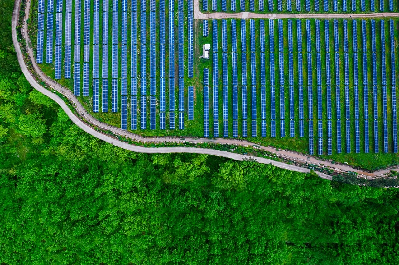 High angle view of scolar panels in agricultural landscape in brazil