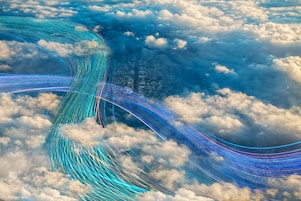 Fiber optic cables crossing in cloudy sky over city