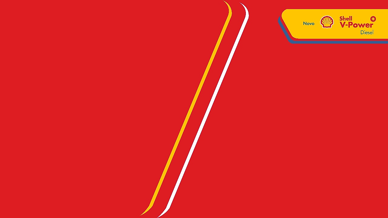 Logo de Shell V-Power Diesel e texto Novo aplicados em uma faixa amarela sobre fundo vermelho