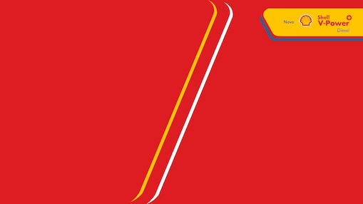 Logo de Shell V-Power Diesel e texto Novo aplicados em uma faixa amarela sobre fundo vermelho