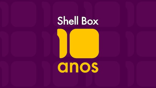 Texto Shell Box 10 anos aplicado sobre fundo roxo