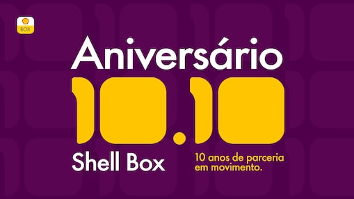 Texto Aniversário Shell Box 10.10 10 anos de parceria aplicado sobre fundo roxo e logo do Shell Box à esquerda
