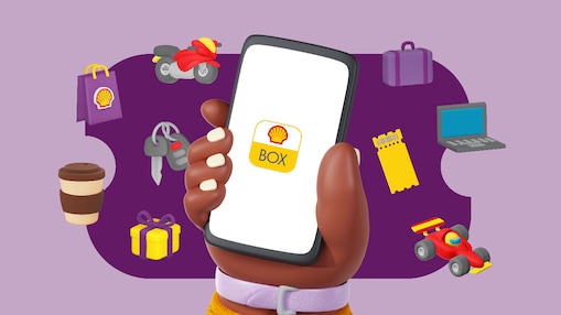 Ilustração de uma mão segurando celular com logo Shell Box na tela e emojis dos benefícios em volta