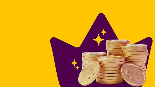 Ilustração de pilha de moedas com concha da Shell aplicada sobre fundo roxo com estrelas amarelas e fundo amarelo