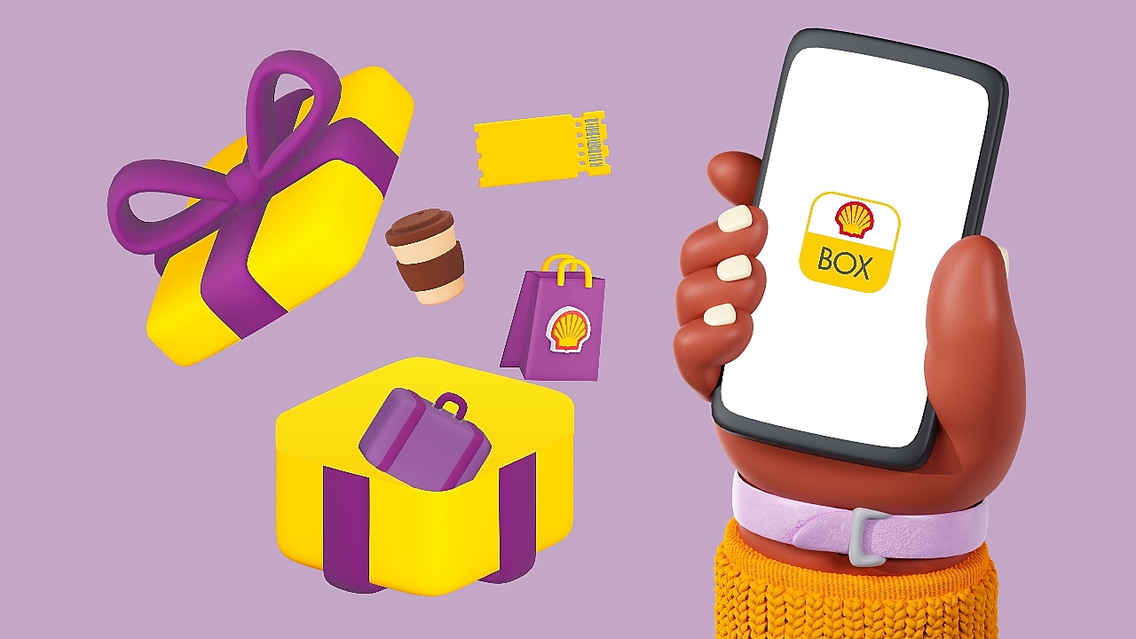 Ilustração de uma mão segurando celular com logo Shell Box na tela e emojis dos benefícios em volta