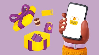 Ilustração de uma mão segurando celular com logo Shell Box na tela e emojis dos benefícios em volta