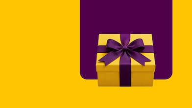 Ilustração de caixa de presente sobre fundo roxo e amarelo