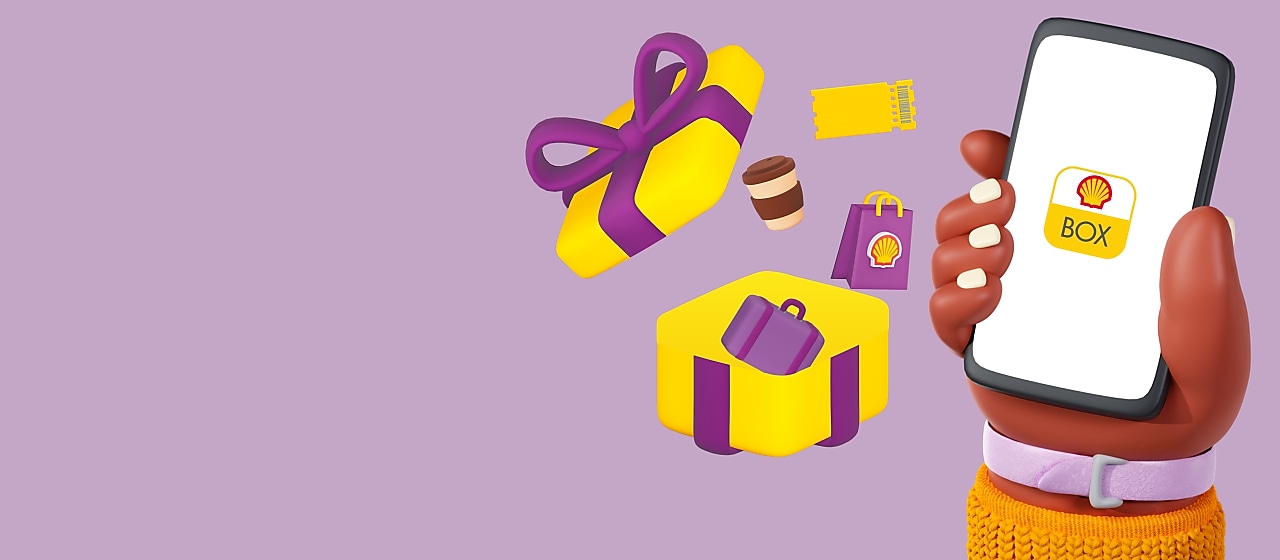 Ilustração de mão segurando celular com logo do Shell Box e ícone de caixa de presente aberta com outros ícones ilustrando benefícios