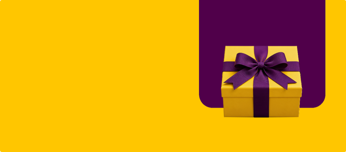 Ilustração de caixa de presente sobre fundo roxo e amarelo