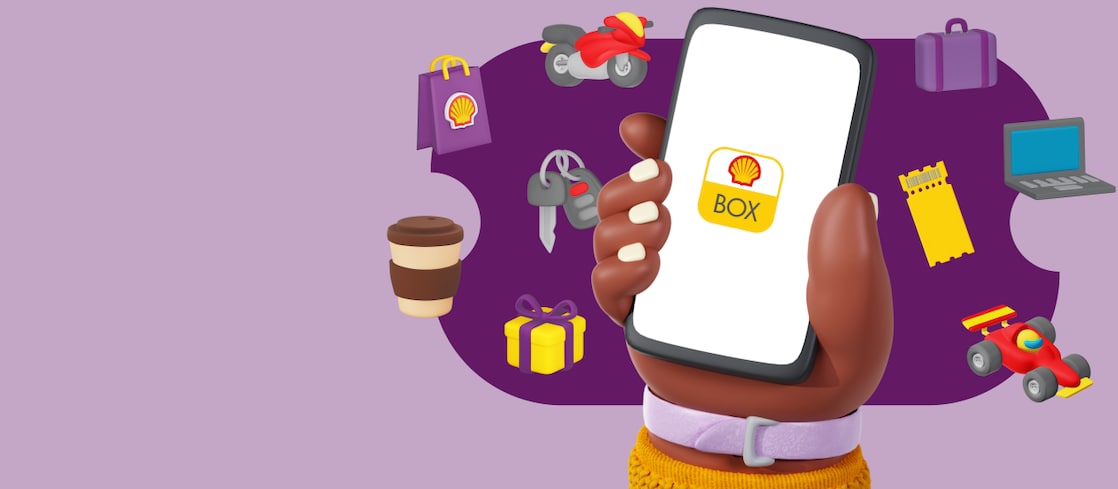 Ilustração de uma mão segurando celular com logo Shell Box na tela e emojis dos benefícios em volta