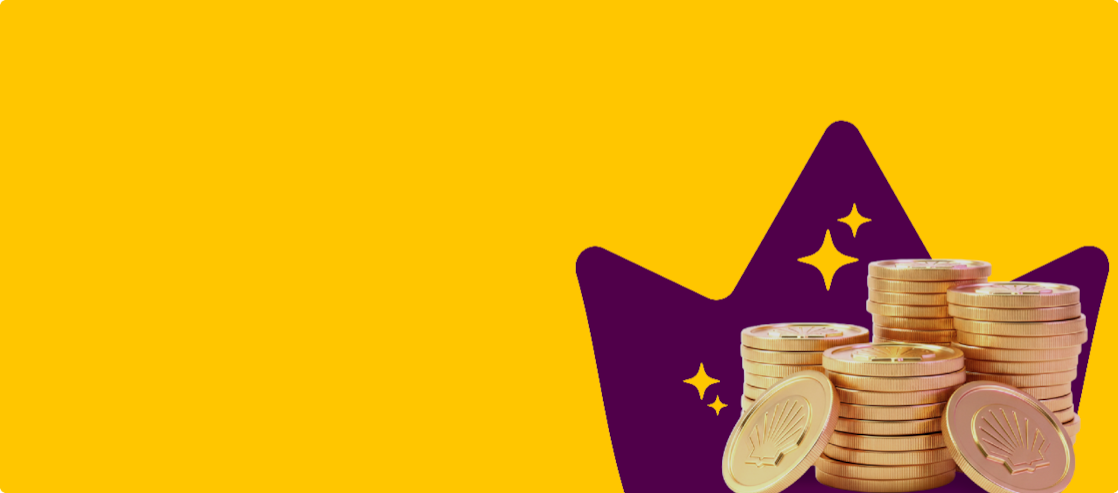 Ilustração de pilha de moedas com concha da Shell aplicada sobre fundo roxo com estrelas amarelas e fundo amarelo