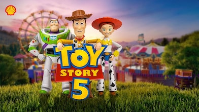 Bonecos da coleção Toy Story 5 com parque de diversão ao fundo e texto Toy Story 5 e concha da Shell aplicados