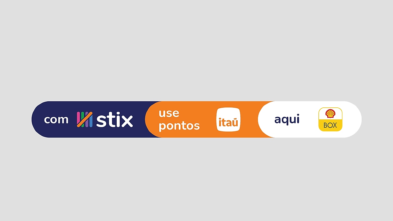 Composição com texto e logos das marcas stix, Itaú e Shell Box, formando a frase: com stix use pontos Itaú aqui, no Shell Box