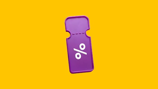 Ilustração de um tíquete roxo sobre fundo amarelo