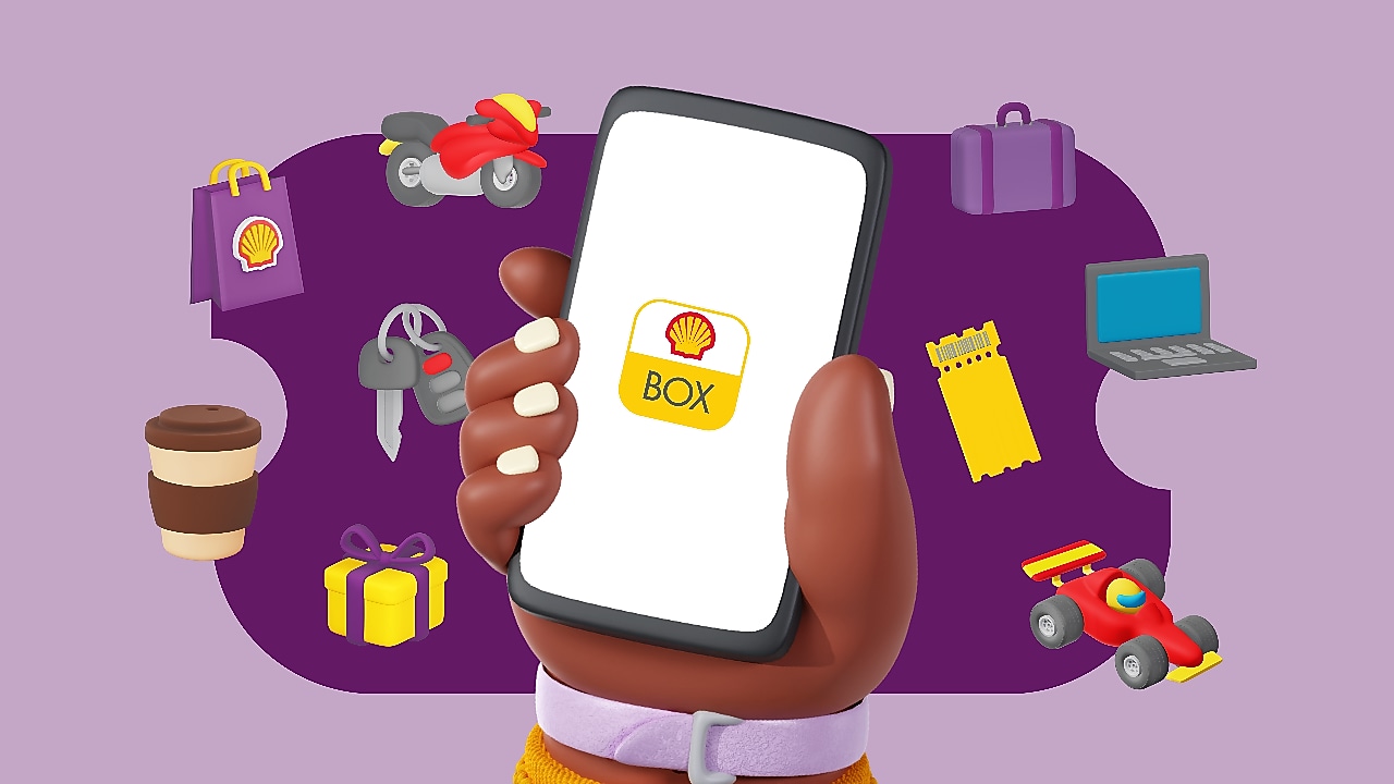 Ilustração de uma mão segurando celular com logo Shell Box na tela e emojis dos benefícios em volta