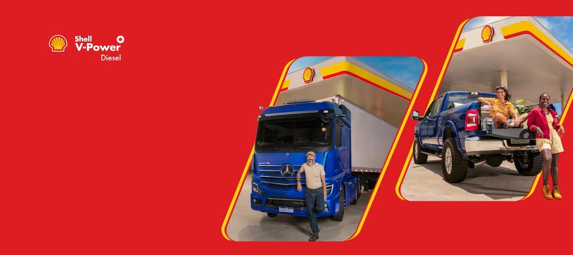 Logo de Shell V-Power Diesel e texto Novo aplicados em uma faixa amarela sobre fundo vermelho