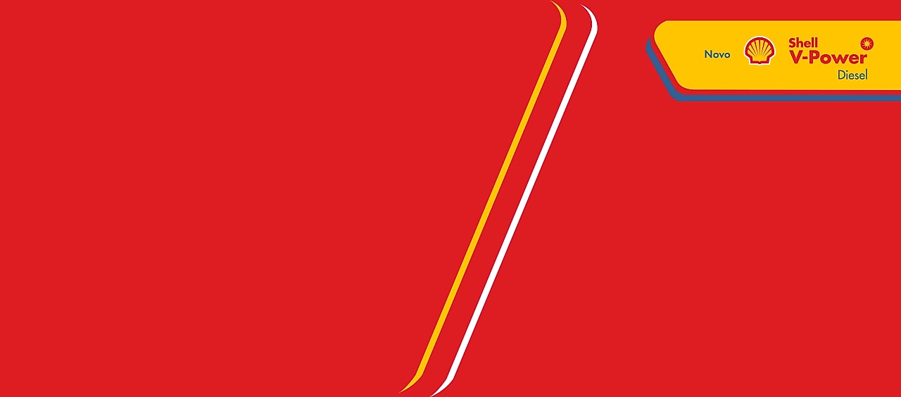 Logo de Shell V-Power Diesel e texto Novo aplicados em uma faixa amarela sobre fundo vermelho